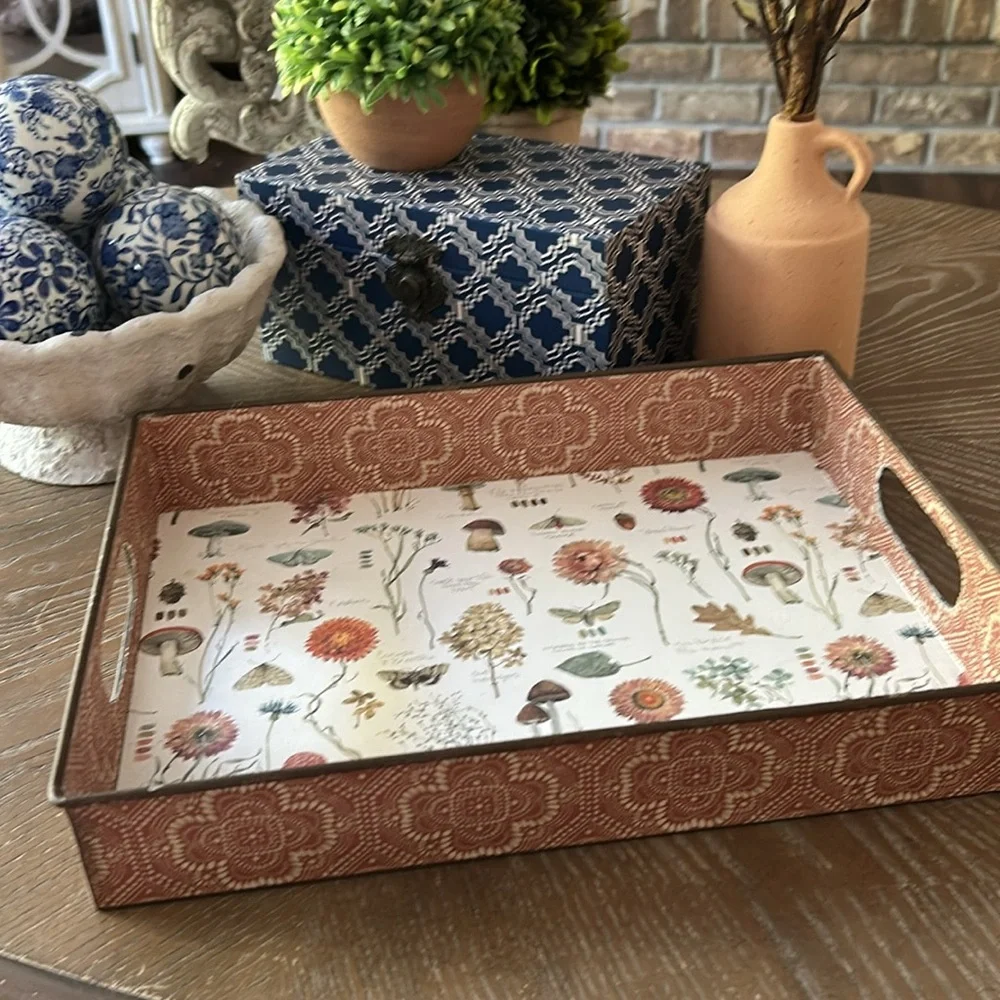 NEW! Fall Autumn Harvest Floral & Butterfly Bohemian Cottage Metal Serving Tray